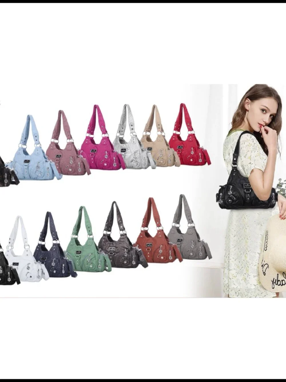Vegan Leather Hobo Shoulder Bag Multi-Pocket Tote